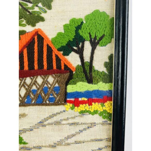 Vintage Crewel Long Stitch Framed Fiber Art Stream Covered Bridge Cottage Trees - Picture 7 of 10